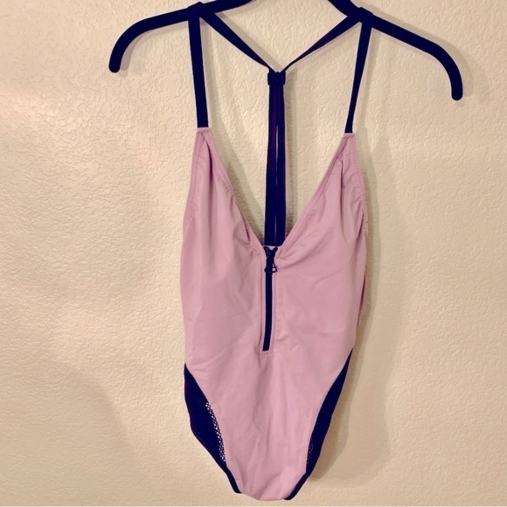 NEW Swimsuit XS One-Piece Lilac Dusty Rose Black Zip-Up Chest TVK Swimwear